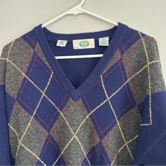 Harbour Club Mens Lambswool V Neck Argyle Plaid Sweater Sz M Blue Classic Preppy - Picture 5 of 10